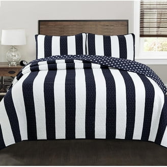 Cozy Line Home Fashions Bennett Quilt Set - Navy Orange Grid Striped Reversible Coverlet, 100% Cotton, Twin Size