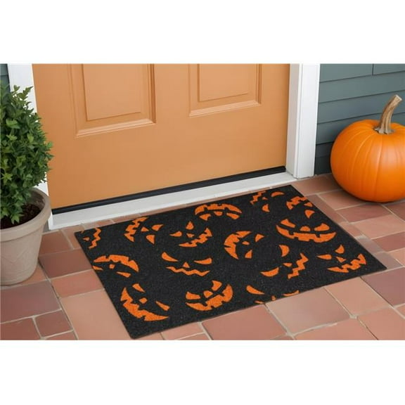 HomeRoots 555291 17 x 29 in. Black & Orange Coir Jackolantern Outdoor Halloween Door Mat