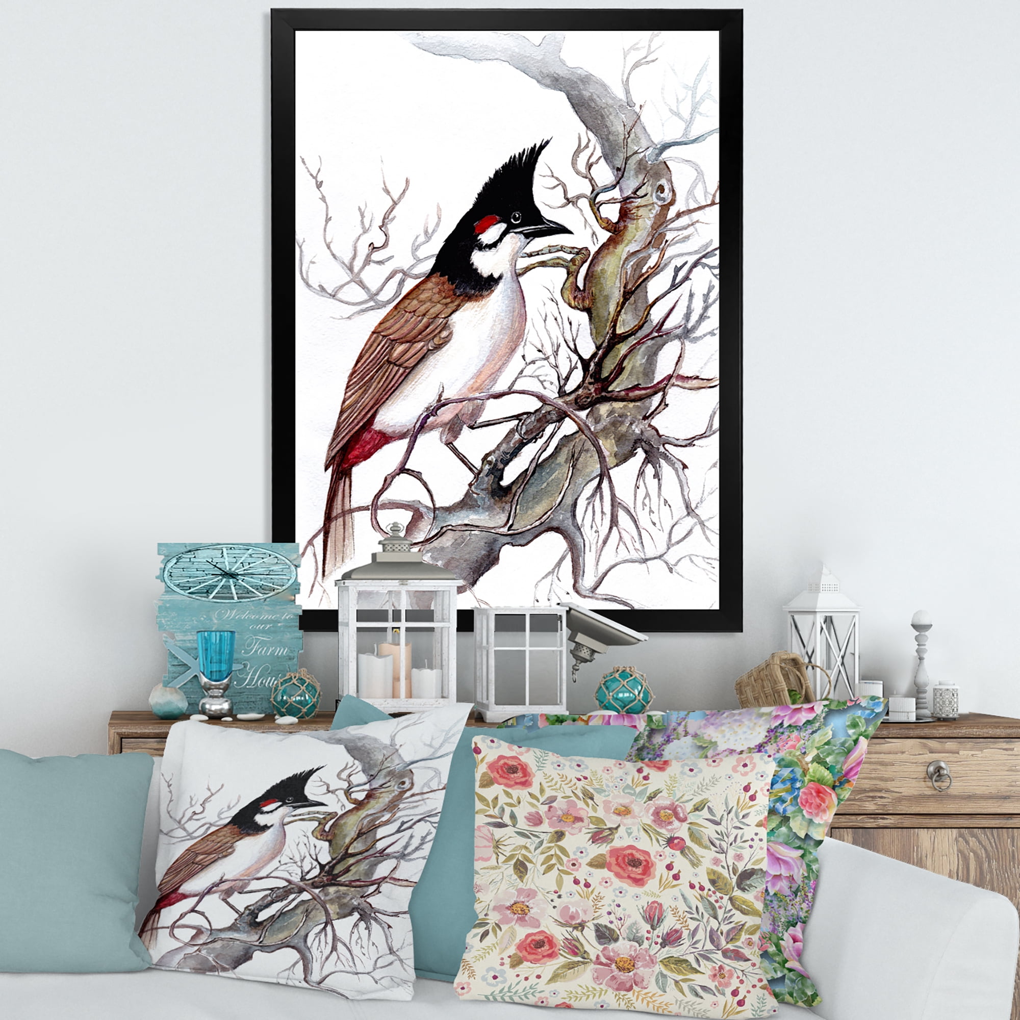 Designart 'Ancient Beautiful Bird On A Branch' Traditional Framed Art Print