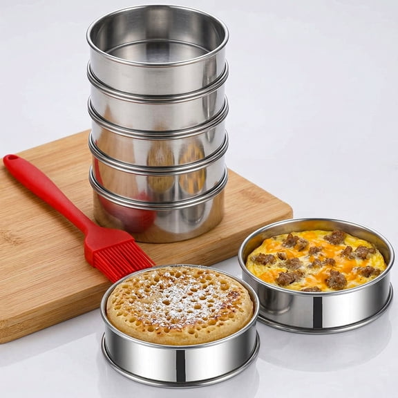 16Pcs English Muffin Rings Set – 4-Inch & 3.15-Inch Round Metal Baking Rings with Oil Brush for Pancakes, Cookies, and More