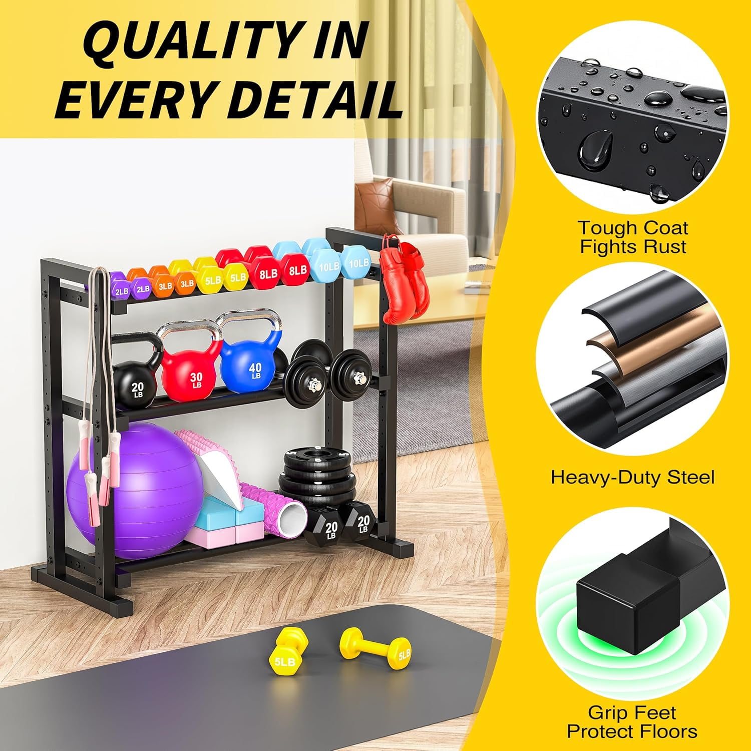 Space-Saving 3-Tier Adjustable Dumbbell Rack Stand Only+450LB Heavy Duty + Home Gym Storage Weight Stand for Dumbbells Kettlebells Free Weights