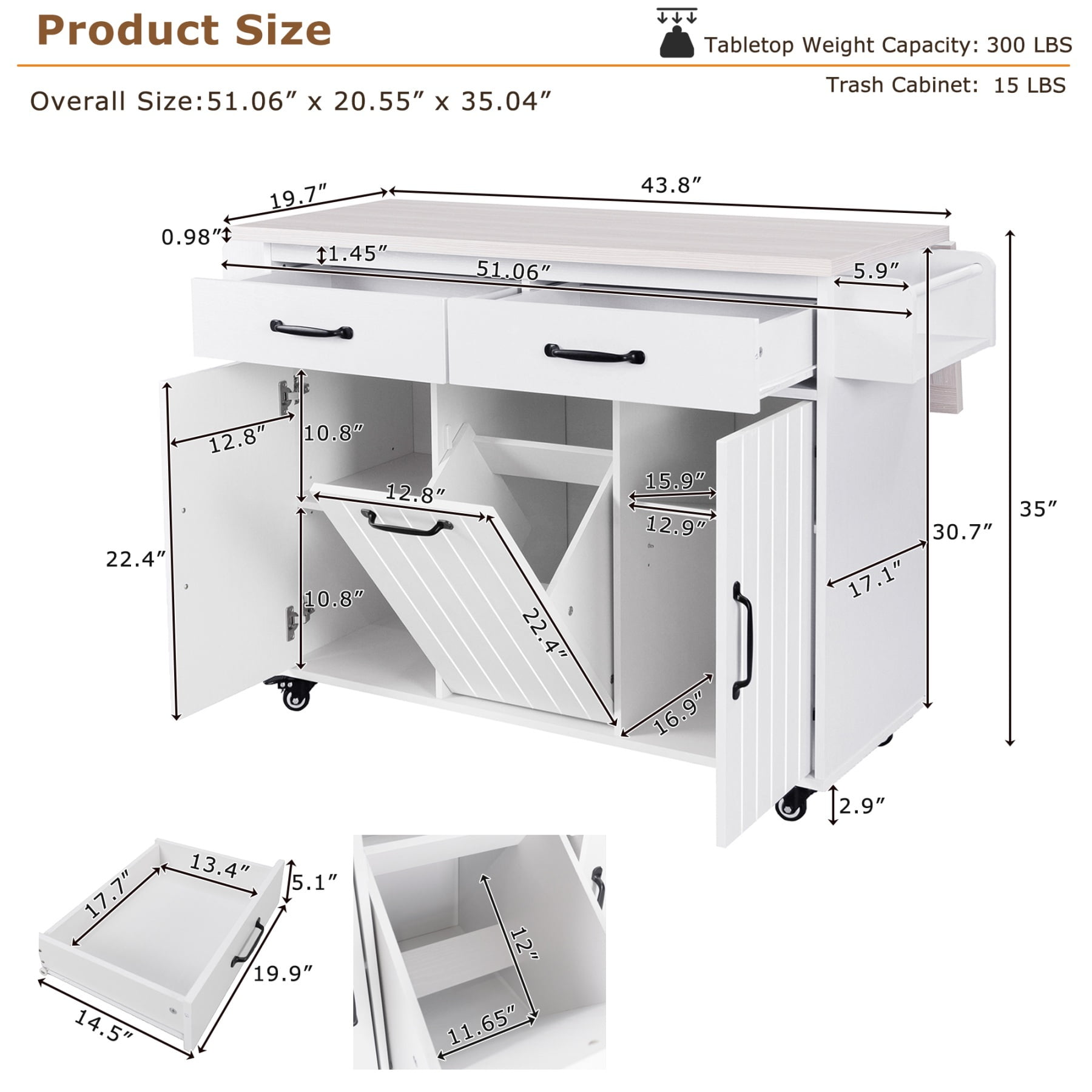 Alvantor Kitchen Island Carts with Trash Can, Rolling Buffet Cabinet with Drop Leaf,Spice Rack and Towel Rack for Dining Room Living Room Oak