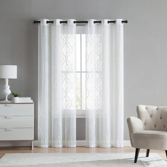 VCNY Home Charlotte 2-Piece White Quatrefoil Sheer Curtain Set, 38" x 84"