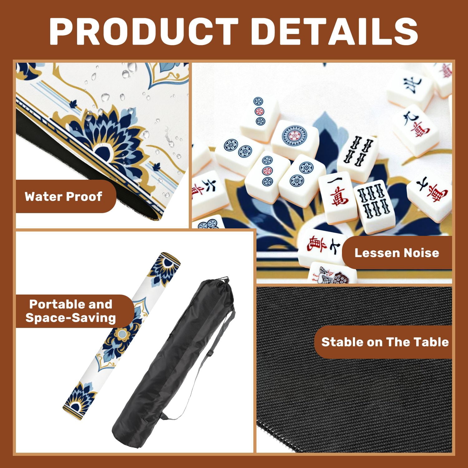 Mahjong Mat 31.5" x 31.5" Ornamental Floral Tile Blue Navy Gold Symmetrical Decorative Motifs Non-Slip Noise Reduction American Mahjong Tiles Table Cover for Dominoes Poker Card Board Games Gift