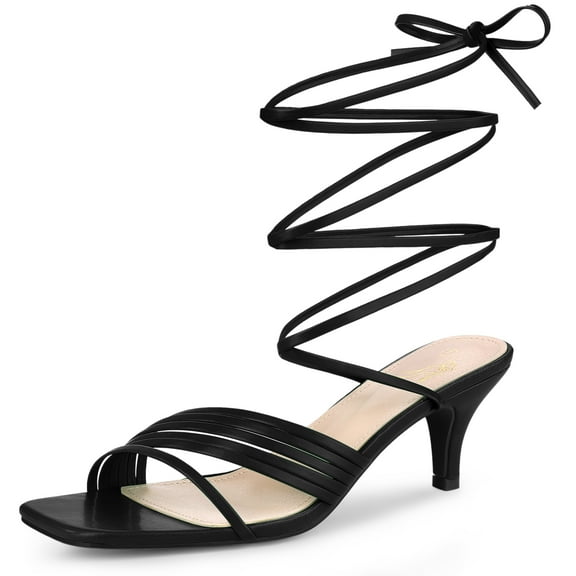 Unique Bargains Women's Square Toe Strappy Lace Up Kitten Heels Sandals