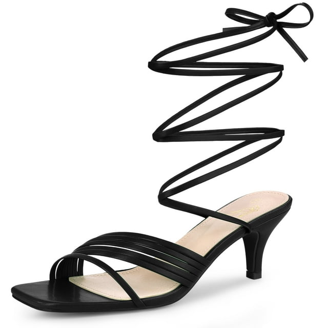 BLISSFUL STEP Sandales à Petits Talons à Bout Carré à Brides et à Lacets pour Femmes Noir 9.5 m US
