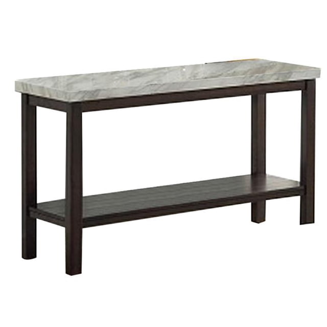 Benzara BM241298 Sofa Table with Textured Marble Top & 1 Slatted Shelf, Brown