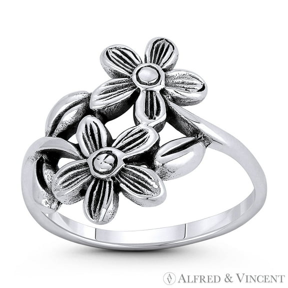 Daisy Flower Bypass Charm Right-Hand Boho Statement Ring in Oxidized .925 Sterling Silver