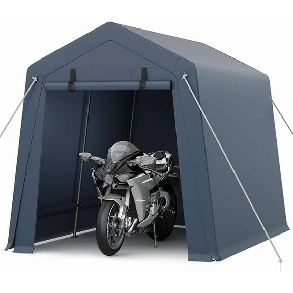 7x10 FT Portable Outdoor Storage Shed with Roll-Up Zipper Door & Vent, 240G Heavy-Duty Shelter Waterproof PE Tarp, UV-Resistant Carport for Motorcycle, Firewood, Tools -Gray