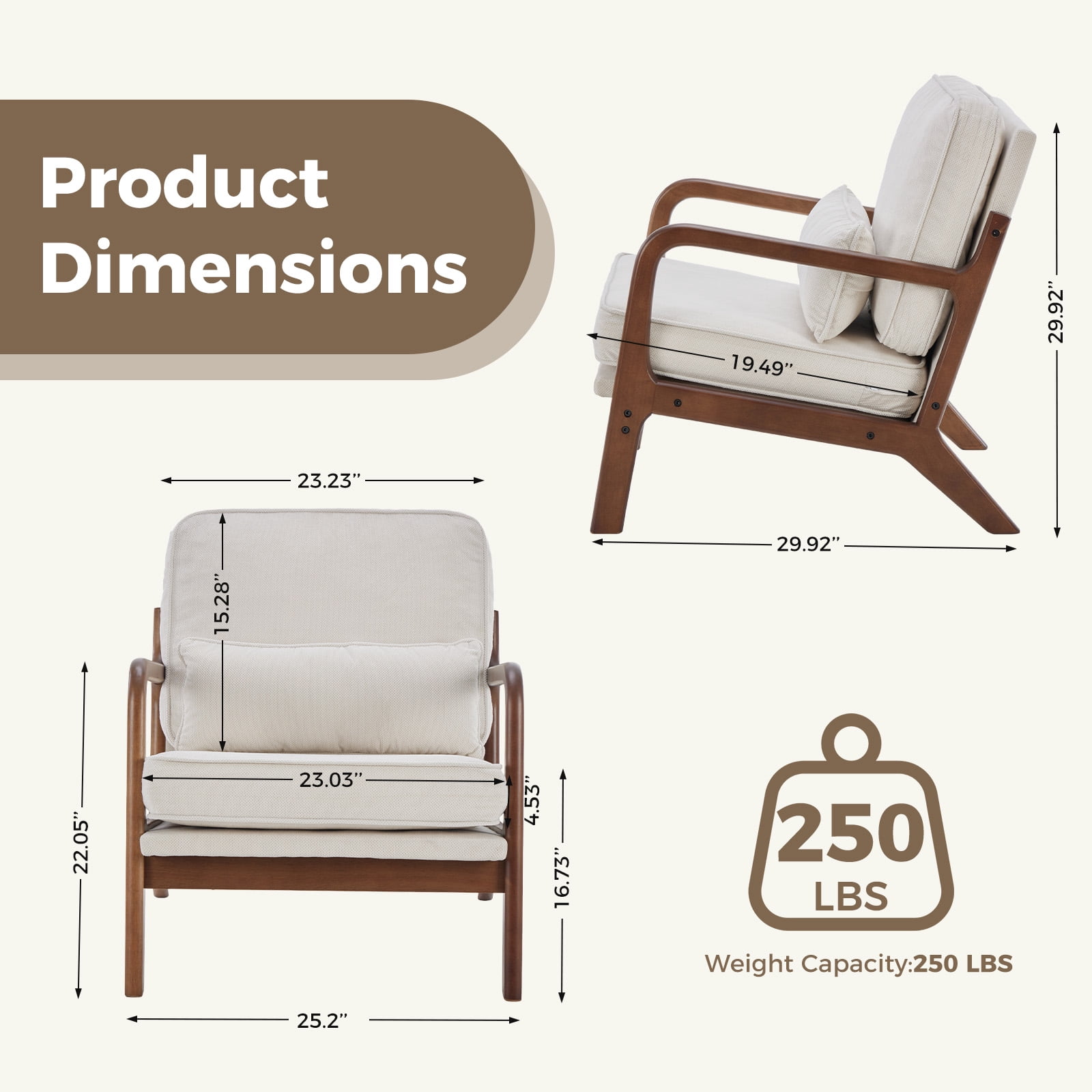 Mid-Century Modern Accent Chair with Arms and Waist Cushion, Solid Wooden Frame