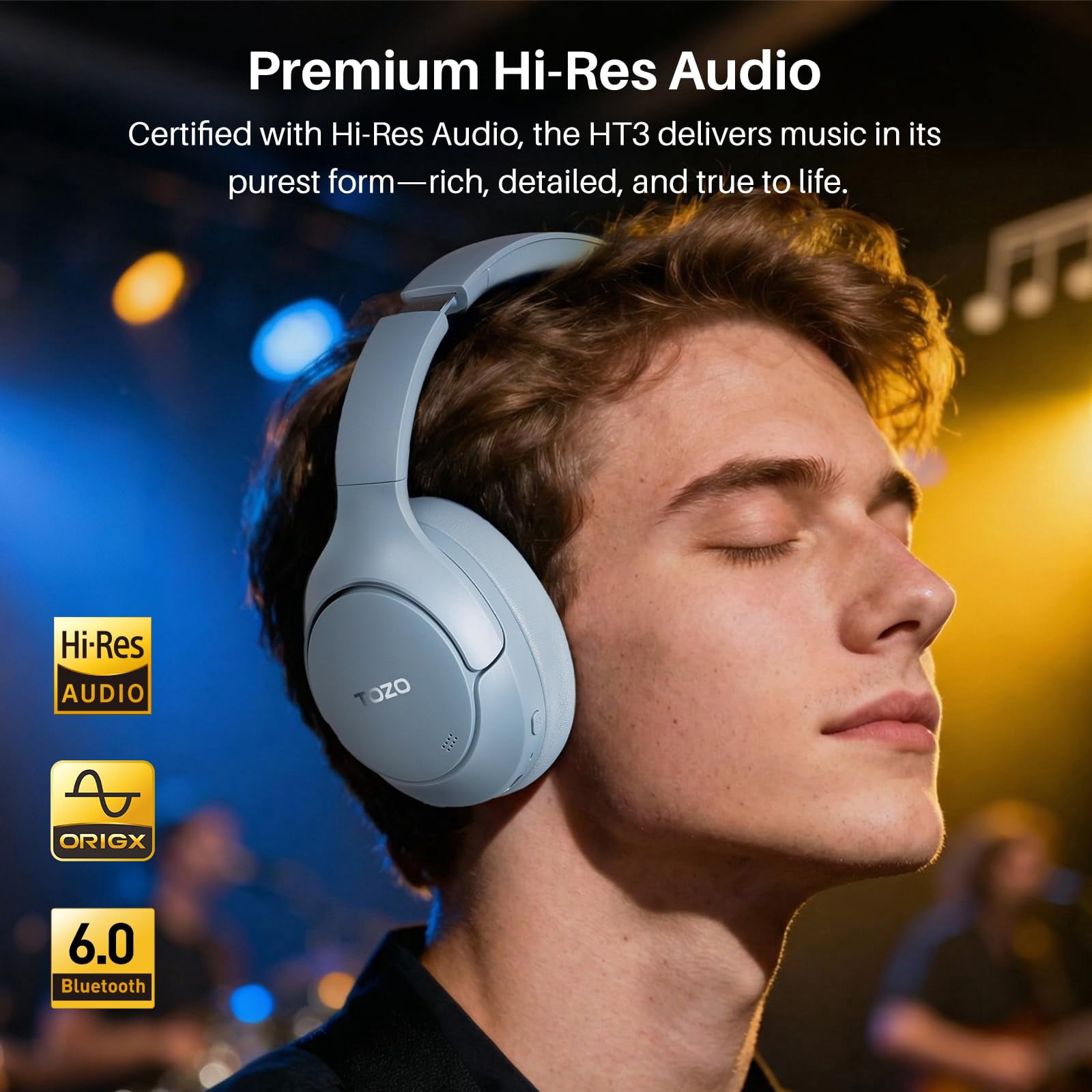 TOZO HT3 Wired/Wireless Over Ear Noise Cancel Headphone for Adults, ANC/ENC 5 Mics, 90H, Hi-Res Audio Headset, App-32EQ, Foldable/Adjustable Headband, AUX 3.5mm, Comfort Earcup for Home Sport, Blue