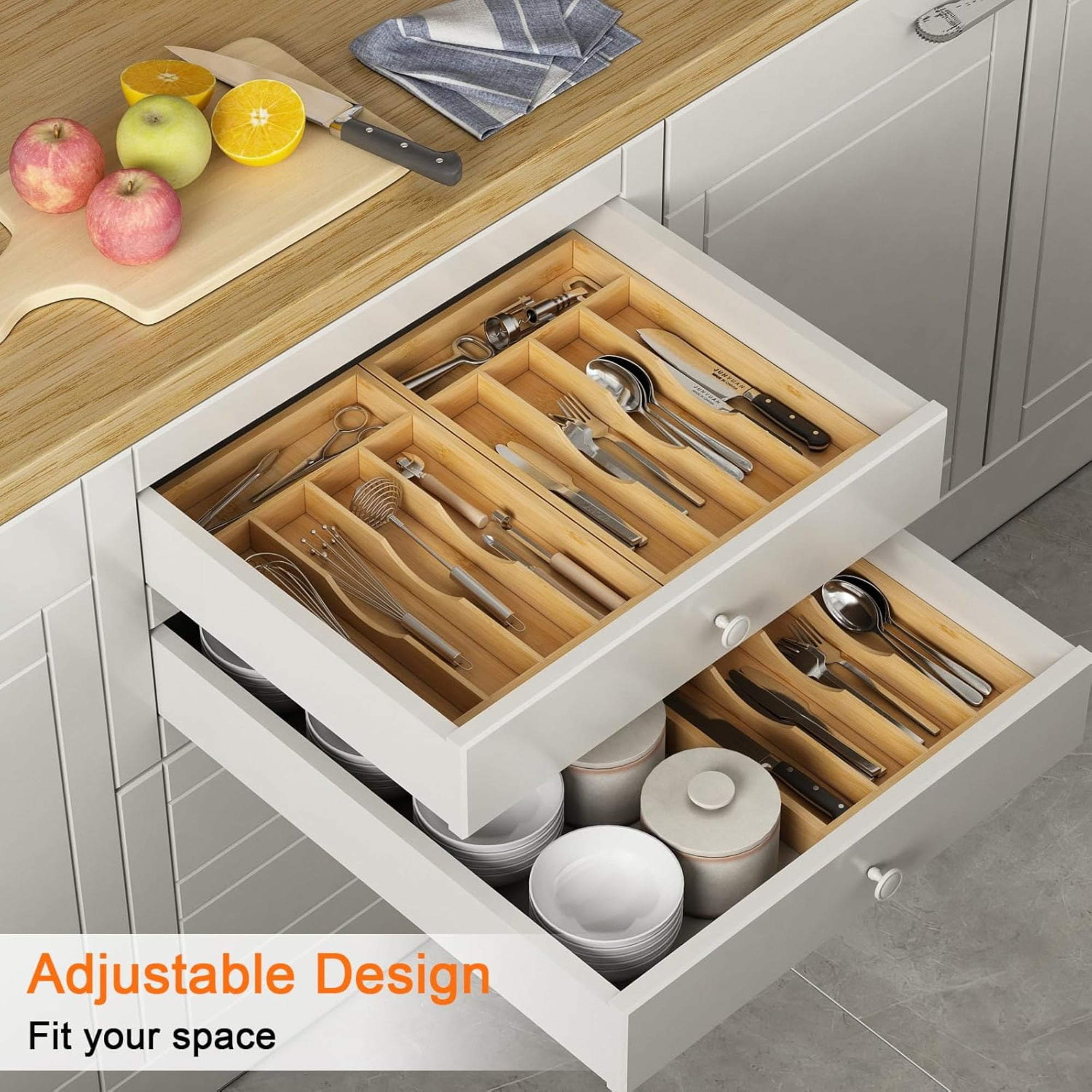 Bamboo Kitchen Drawer Organizer for Utensils, Silverware & Cutlery — Wooden Flatware Tray with 5 Compartments, Drawer Divider for Kitchen Storage