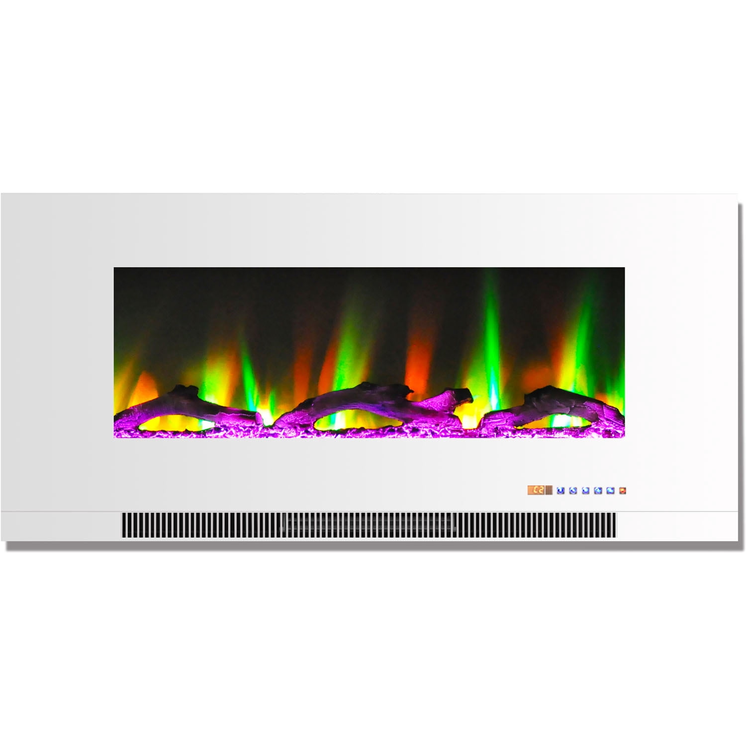 Hanover 42 In. Wall-Mount Electric Fireplace in White with Multi-Color Flames and Driftwood Log Display