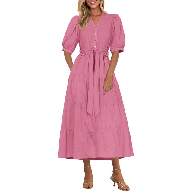 Vestido midi PRETTYGARDEN para mujer, verano 2025, cuello en V, con volantes
