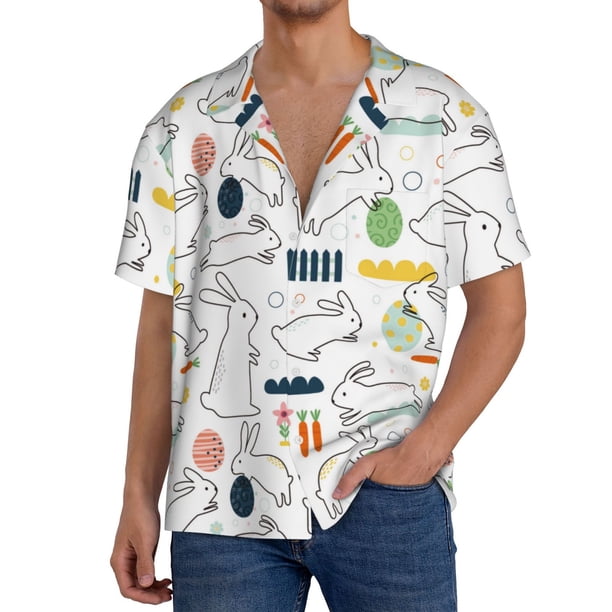 Fotbe Easter Rabbit Camisa Estampada de Manga Corta para Hombre, Casual de Verano, Estilo Playero, Sin Arrugas-Large