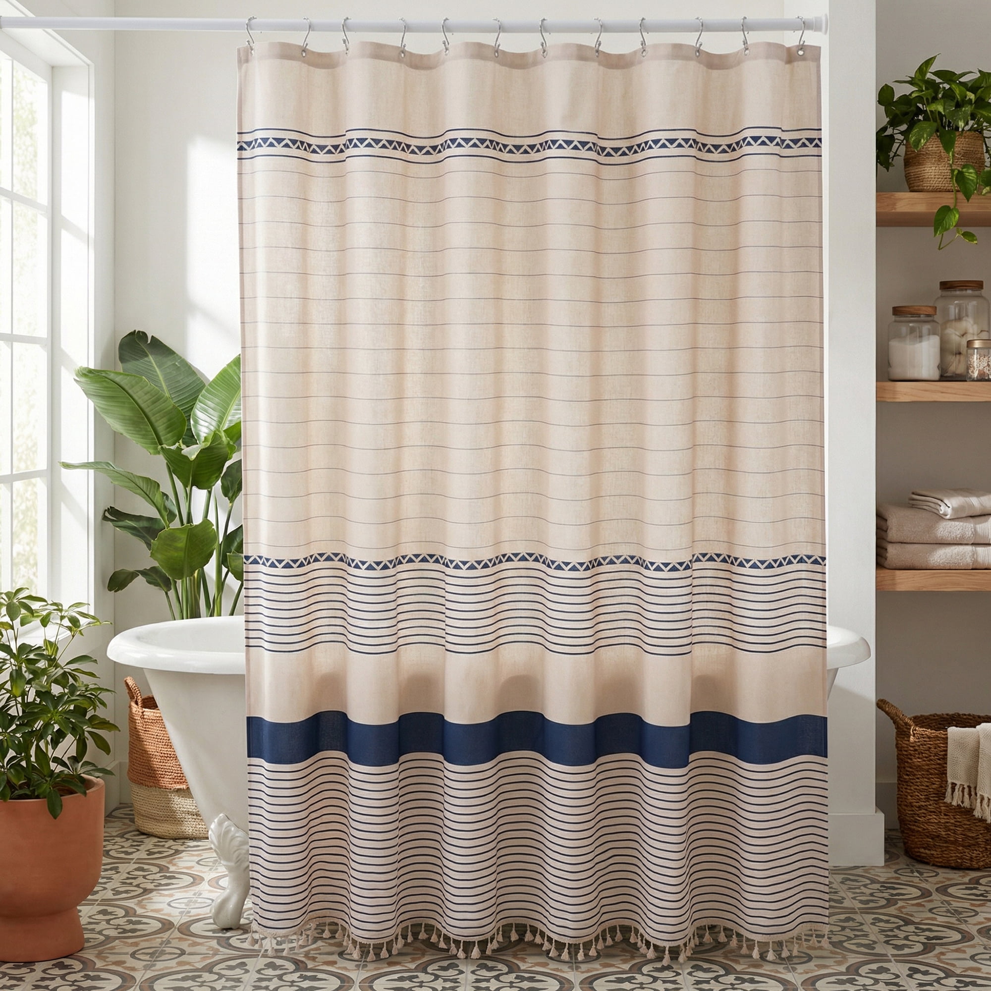 Unique Bargains Boho Striped Shower Curtain Set with Tassels and 12 Hooks Blue 71"W x 71"L