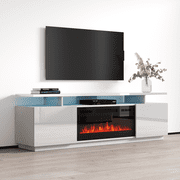 Eva-KBL Fireplace TV Stand for TVs up to 80, Modern High Gloss 71 Entertainment Center, Electric Fireplace TV Media Console with Storage Cabinets and LED Lights