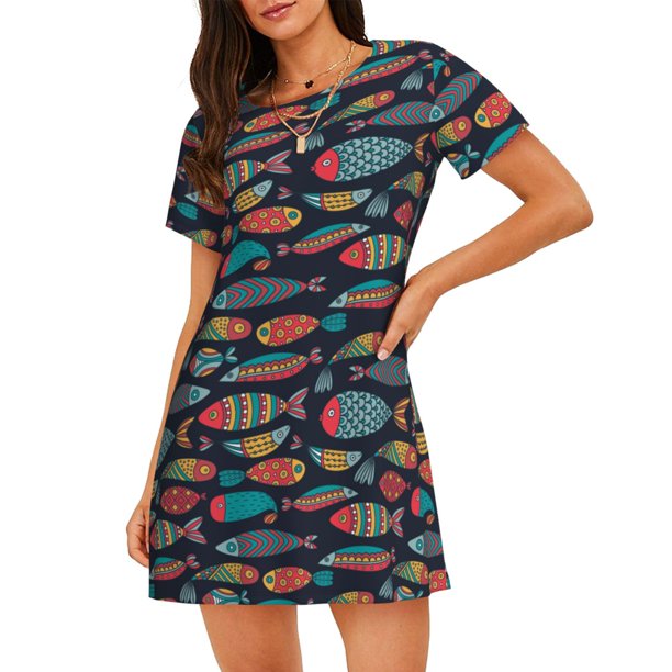 Disketp Colorful Fish para Camisón Corto de Manga Corta para Mujeres, Camisón Cómodo con Escote Redondo, Bonito y Confortable