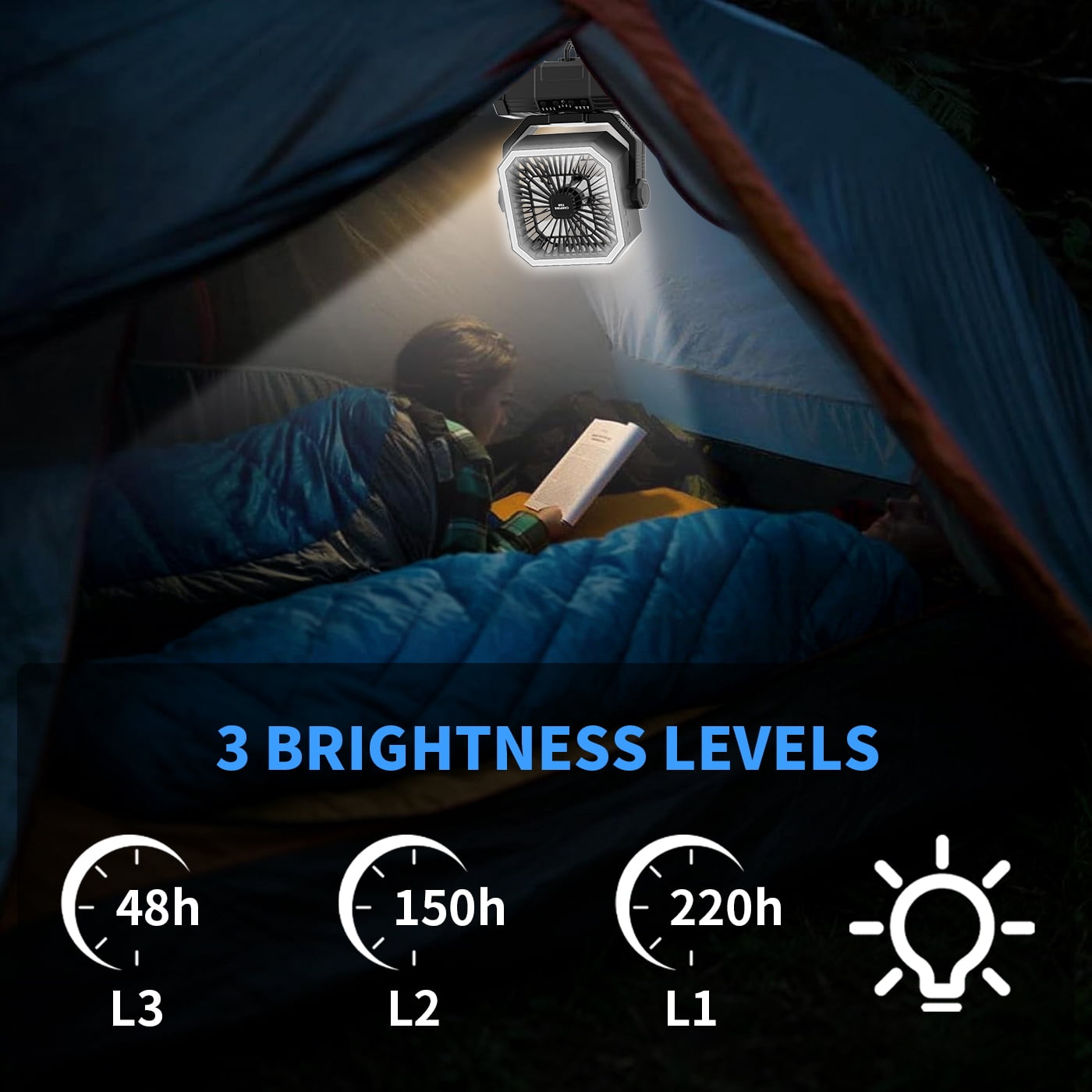 SuperRGB Portable Camping Fan, 20000mAh Rechargeable Battery Operated Fan with LED Light & Remote, 4 Speeds, Timer & Hanging Hook for Tent, Outdoor, Travel, Emergency, Black