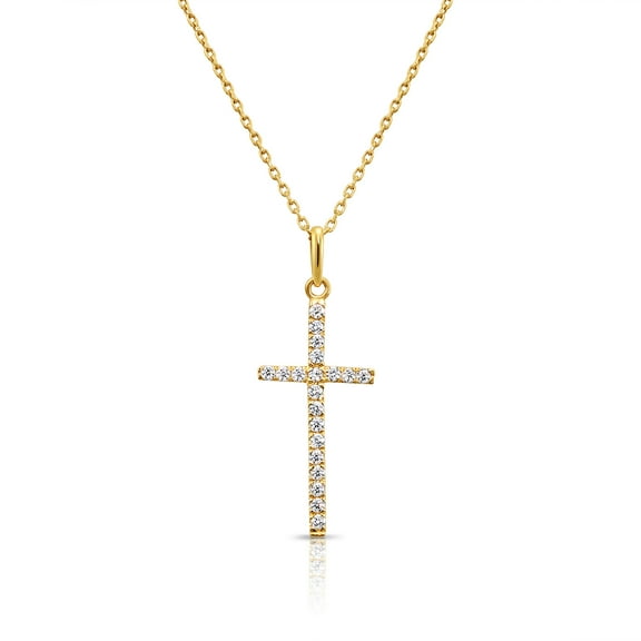 Tilo Jewelry 14K Yellow Gold Dainty Pave Thin Cross Christian Pendant Necklace with Cubic Zirconia CZ Stones for Women & Unisex | 18 Inch Cable Chain