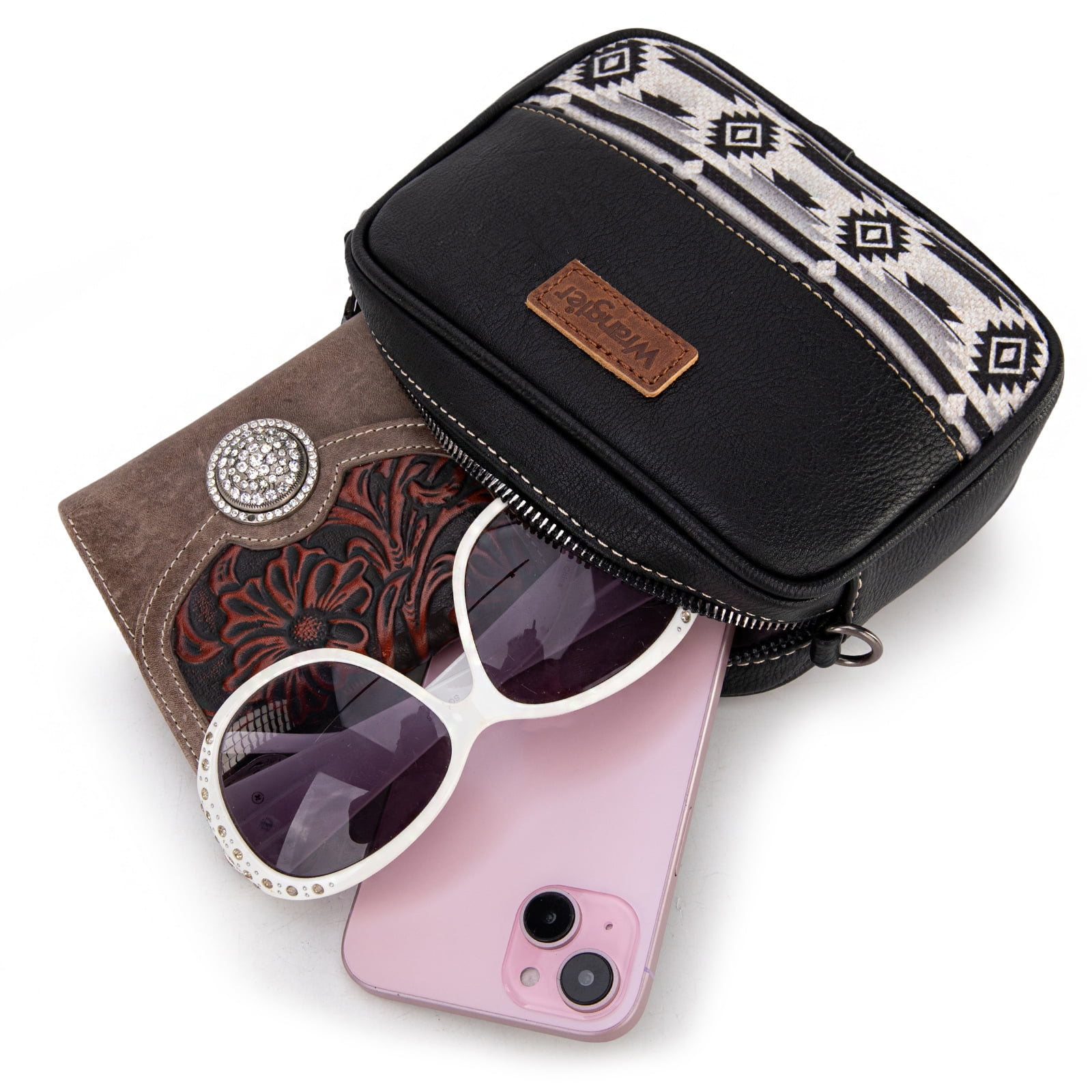 Wrangler Crossbody Bag for Women Aztec Mini Crossover Purse with Guitar Strap, Black
