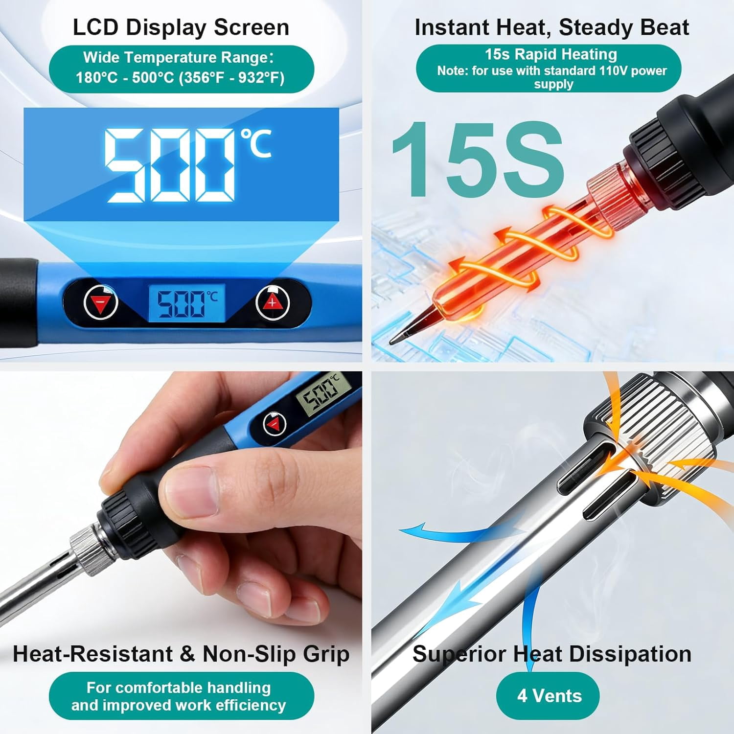 13-in-1 soldering iron set, 90 soldering iron with display and adjustable temperature, including 5 soldering tips, desoldering pump, stand, solder wire, tweezers, soldering paste, suitable for electr