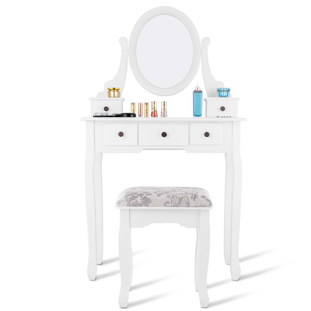 Patiojoy Removable Mirror Vanity Table Unit Makeup Set w/ Padded Stool & 5 Dawers White