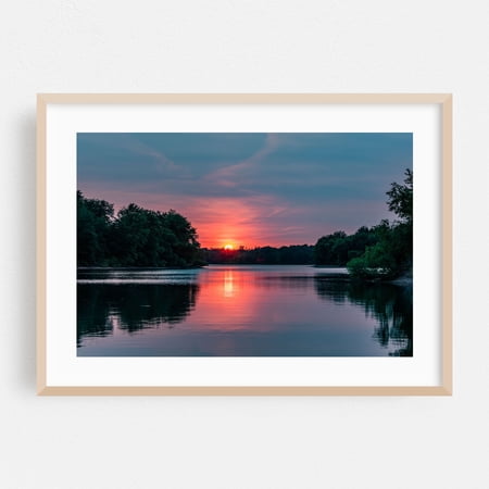 Forest Fire Sunset, Lake Marburg Pennsylvania - Hanover Pennsylvania Photography Sunset Lake Scenic Landscape Nature Water Forest Oak Framed Wall Art Print 24 x 36 inches