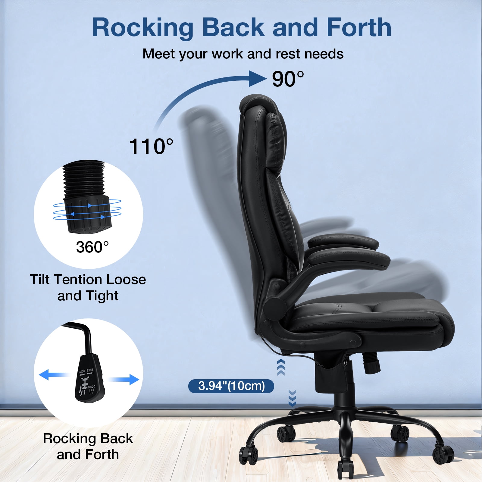 Hoffree Big and Tall Office Chair, 500LBS Executive Desk Chair with Adjustable Lumbar Support Ergonomic Computer Leather Chair with Padded Flip up Arms and Spring Cushion for Home Office