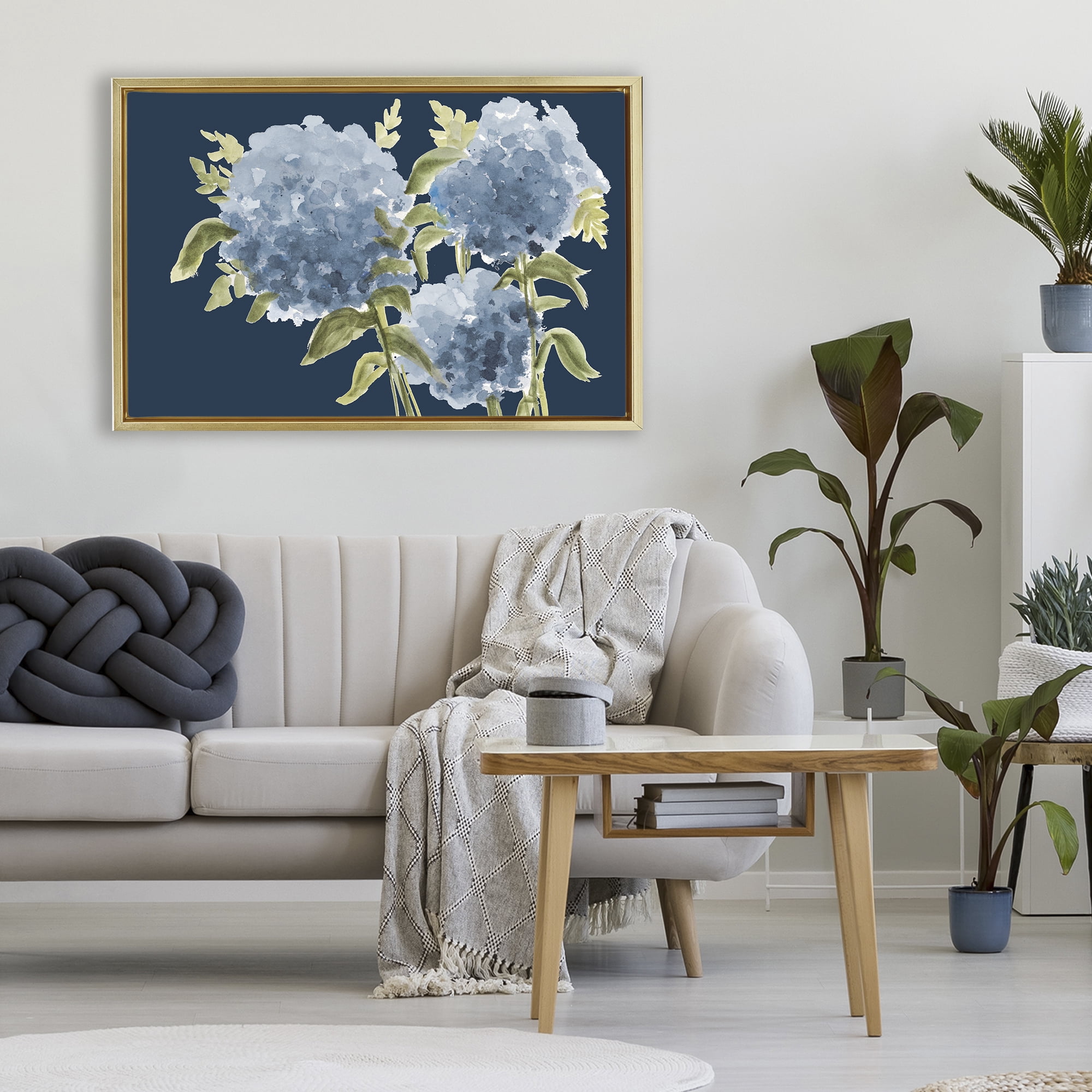 Stupell Industries Blue Hydrangeas on Indigo Gold Framed Floater Canvas Wall Art, design by Janice Gaynor