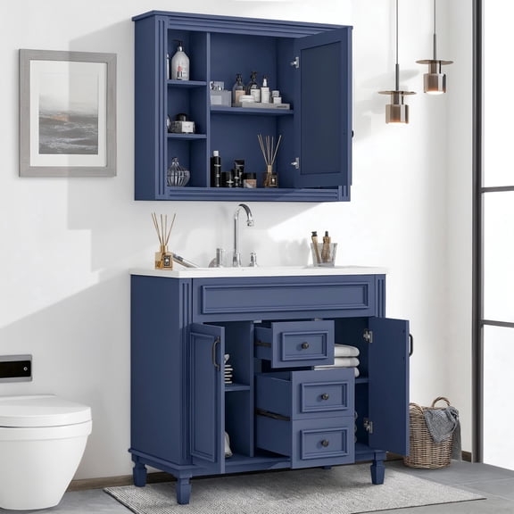 36" Bathroom Vanity Set with Resin Sink and Wall Mounted Mirror Cabinet, Modern Freestanding Single Cabinet Combo with Storage Shelves & 2 Drawers & 2 Soft Closing Doors, Vintage Handles, Blue