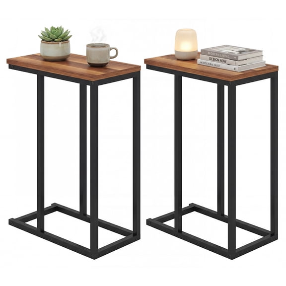 Gymax 2PCS C-shaped End Table w/Adjustable Foot Pads Small Snack Table for Bedroom Rustic Brown