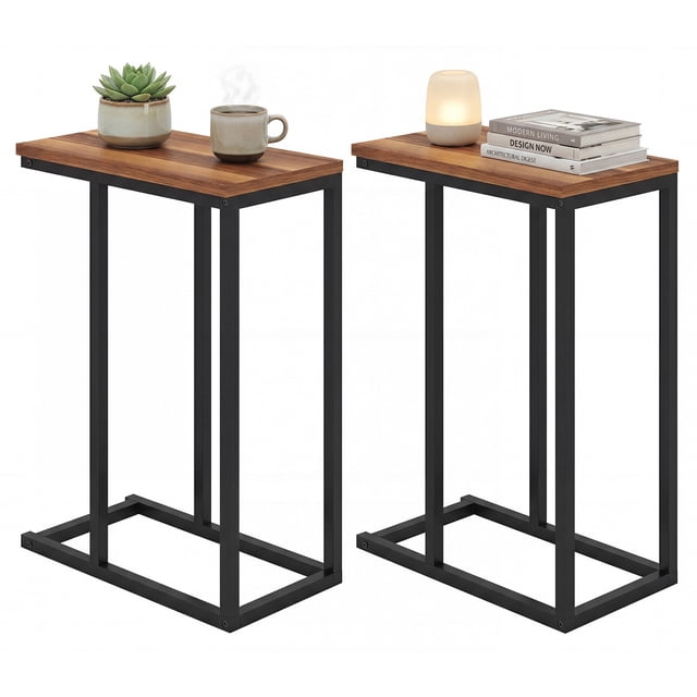Gymax 2 Pcs Table d'Appoint en Forme de C avec Patins de Pieds Ajustables Petite Table à Collation pour Chambre Brun Rustique