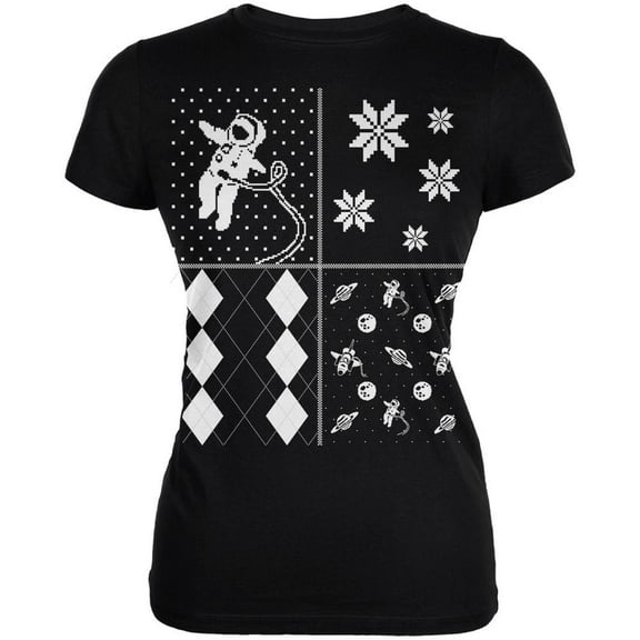 Astronaut in Space Ugly XMAS Sweater Festive Blocks Black Juniors Soft T-Shirt - X-Large
