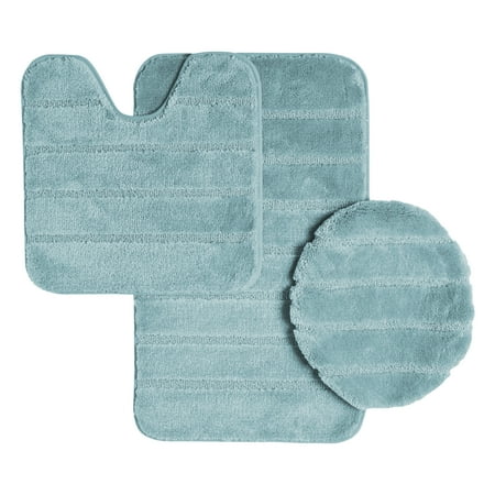 Ribbed Design Soft Pile Solid Color 3 Piece Bathroom Rug Set, Bath Mat, Contour Rug, Universal Lid Cover, Louise