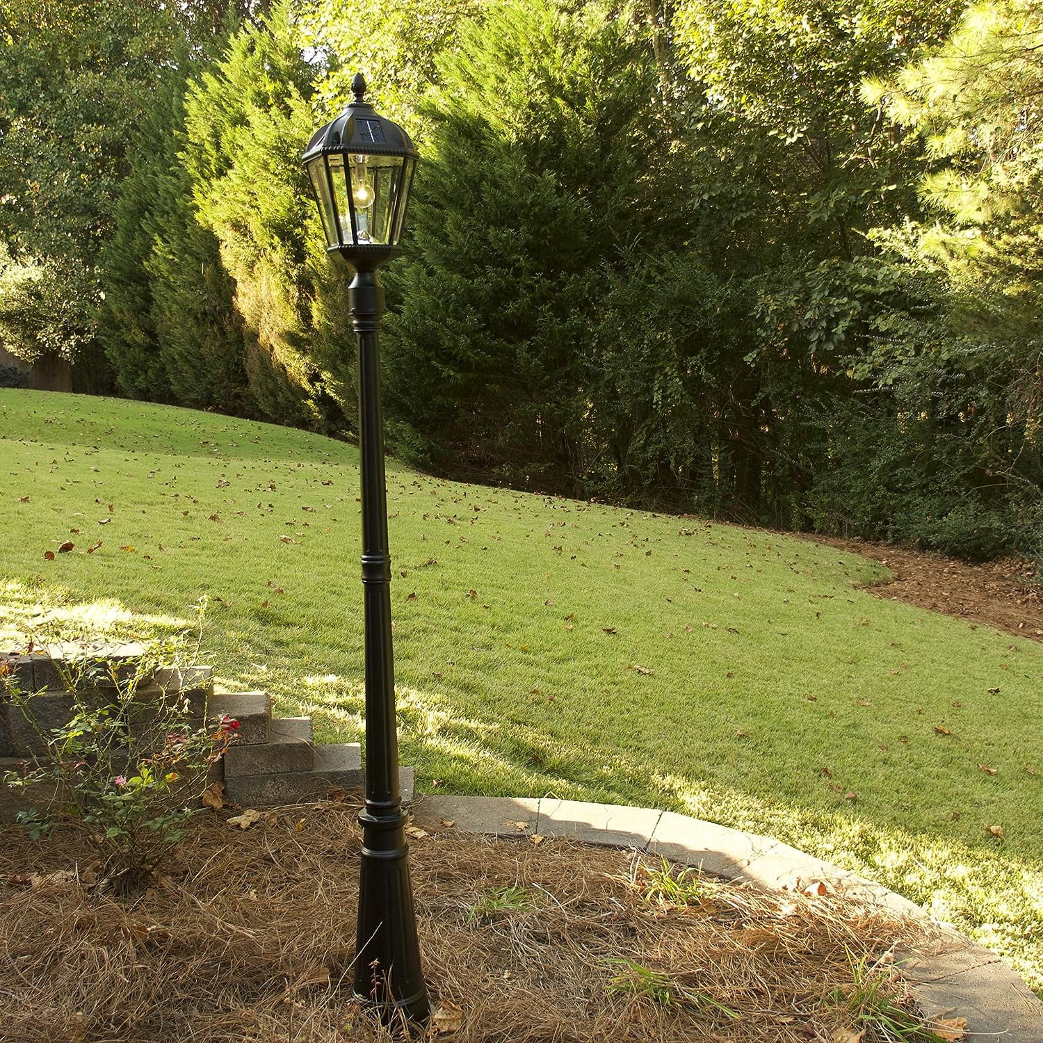 Gama Sonic Solar Outdoor Lamp Post Light, Black Cast Aluminum and Beveled Glass Panels, 10-Year Royal Bulb, Warm White LED with Omni-Direction Reflector, 87-inch Height, 98B001