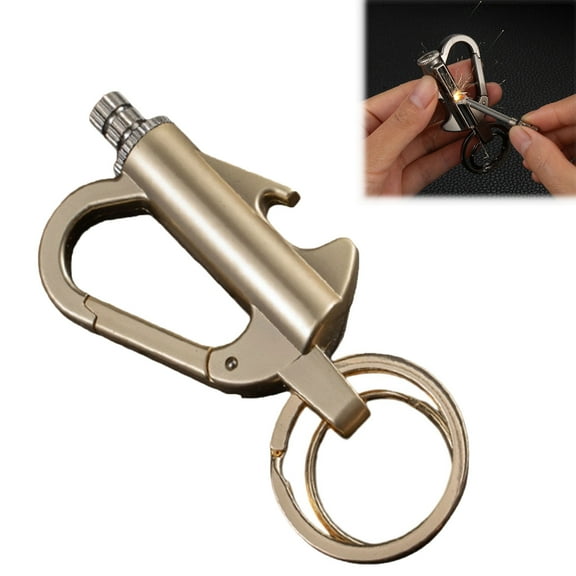 Keychain Lighter, Metal Match Kerosene Lighter, Reusable Waterproof Windproof Permanent Strike Anywhere, with Multitool Bottle Opener, for Outdoor Survival Gift for Men (Gold)