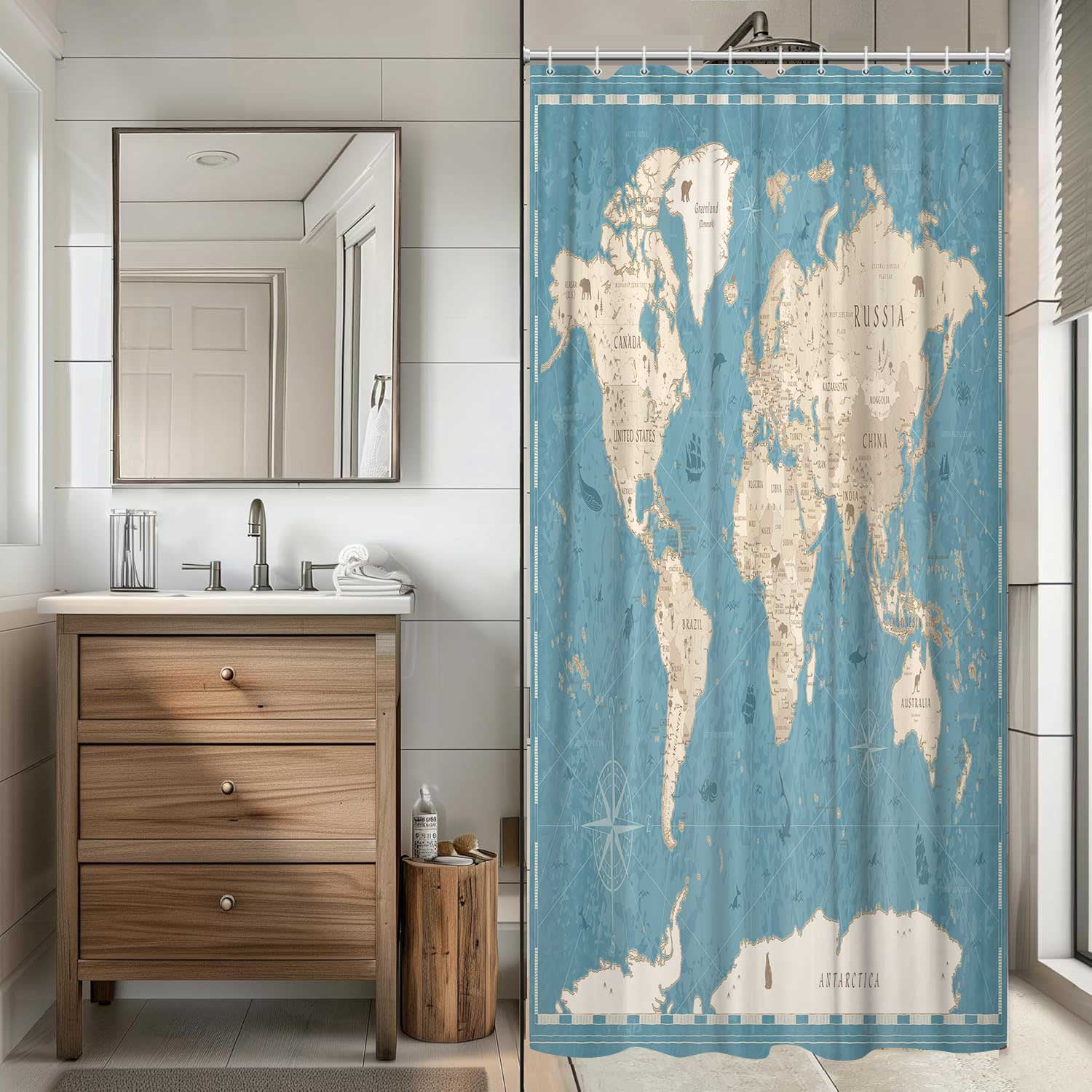 World Map Shower Curtain, Map of The World with National Educational Fabric Shower Curtains Set for Bathroom, Geography Educational Fabric Bathroom Shower Curtain with Hooks, Kids Bathroom70x70IN