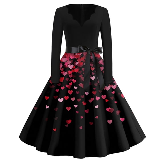 Fgvctg Valentine'S Day Womens Date Night Dress Formal Prom Vintage Cocktail 1950S Tea Dress Love Heart Print V Neck Dresses Plus Size Elegant Long Sleeve Clothing Fit Outfit Hot Pink L