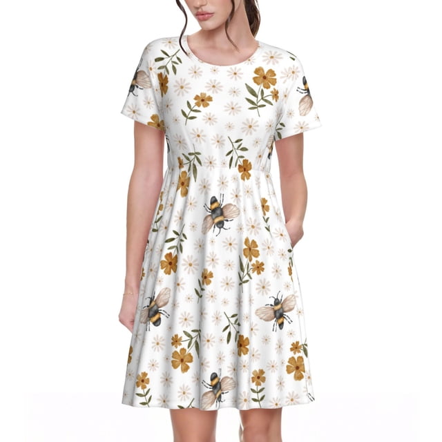 Balery Bees And Flowers Vestidos sueltos de manga corta para mujer, vestidos de verano 2025, vestidos casuales de corte A con vuelo.