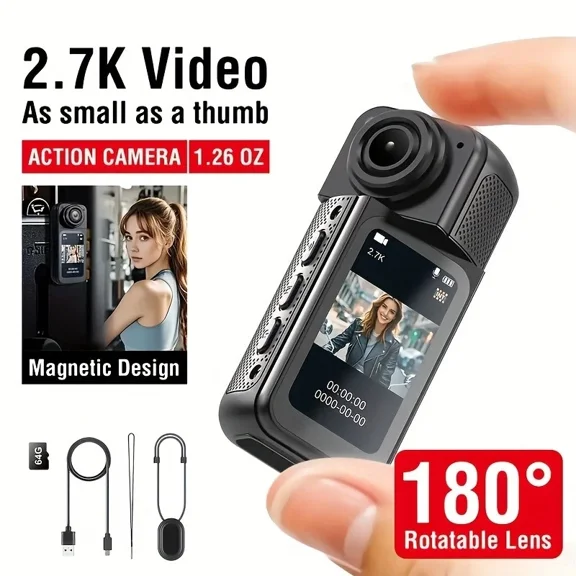 2.7K Thumb Action Camera 64GB Mini Body Camera, Wearable Pocket Cam Black