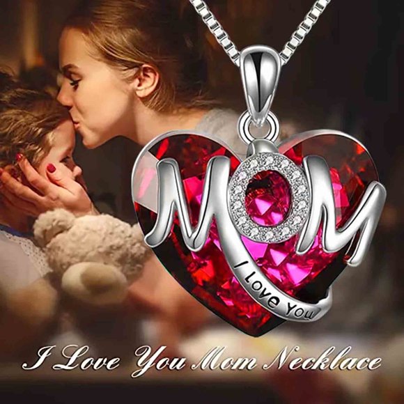 Mothers Necklace Gifts for Mom from Daughter Son, I Love You Mom Necklace Heart Pendant Rhinestone Jewelry with Box Birthday Mothers Day Gifts for Women