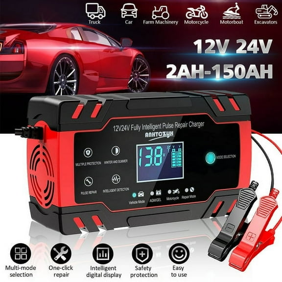 Automatic Car Battery Charger, 12V/8A 24V/4A Auto Batterys Charger Maintainer Trickle Charger with LCD Digital Display for Car Truck Motorcycle