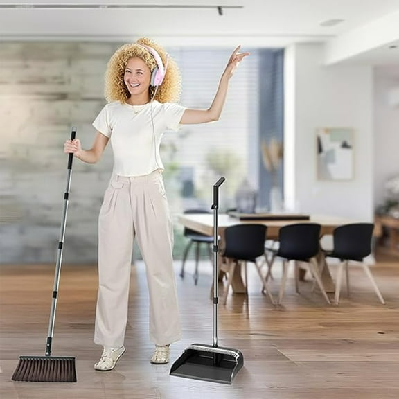 Broom with Dustpan, 51.6" Adjustable Long Handle with 2 Replaceable Broom Head, Standing Broom and Dustpan Set for Indoor & Outdoor Sweeping, Home, Office, Kitchen, Lobby, Floor, Garden