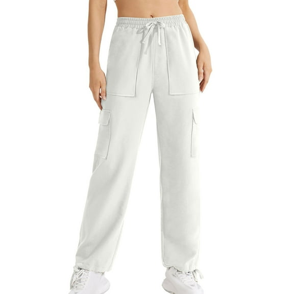 Diufon Women's Cargo Pants Solid Color Lounge Pants with Pockets Elastic High Waist Drawstring Straight Pants