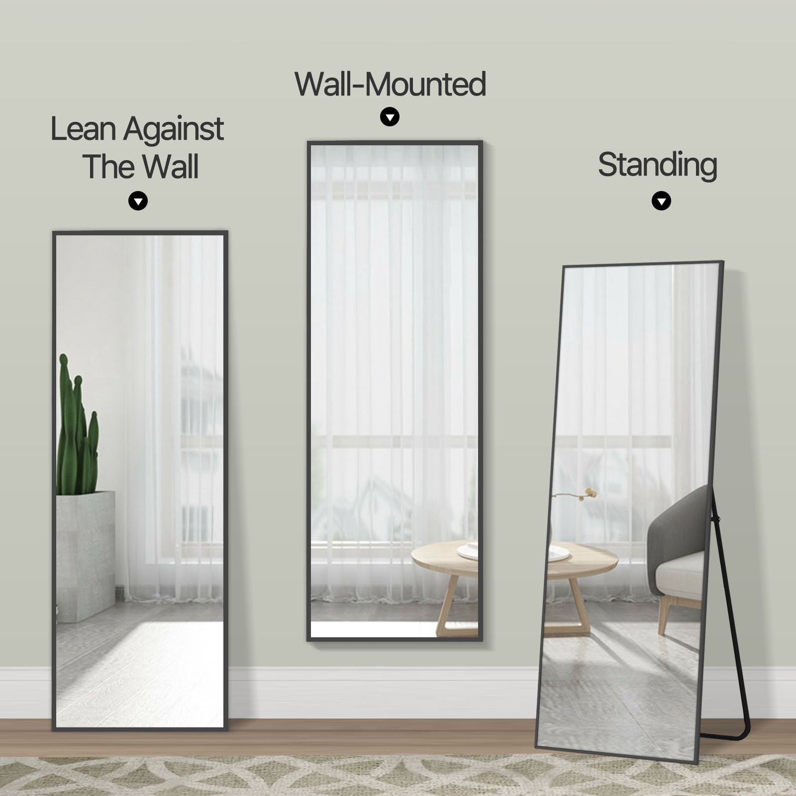 MAYEERTY 65"×22" Black Aluminum Slim-Frame Rectangular Full-Length Mirror Stable Stand for Bedroom