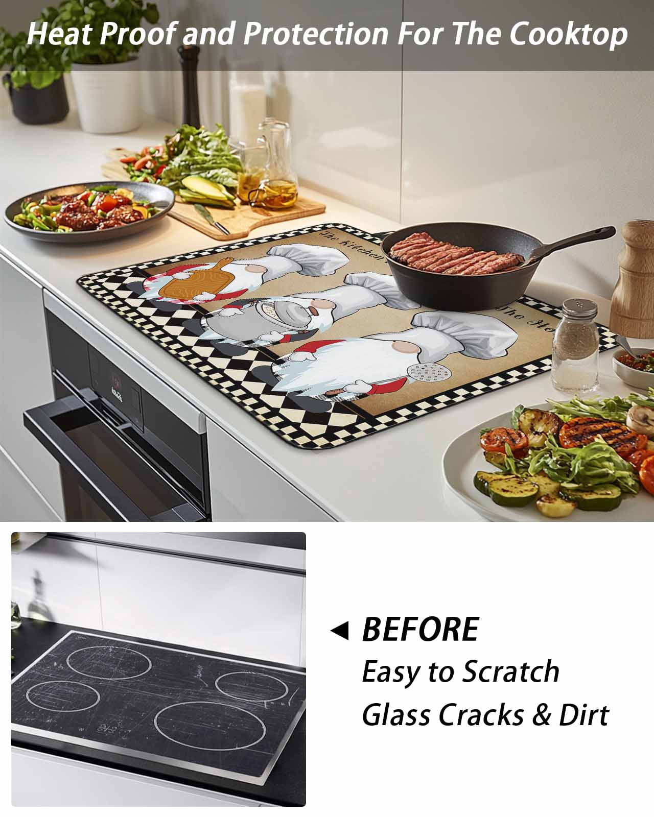 The Chef Stove Top Covers for Electric Stove, 28'x20'' Gnome Kitchen Retro Black Buffalo Plaid Glass Ceramic Stove Cover Foldable Rubber Mat Heat Resistant Cooktop Protector for Kitchen