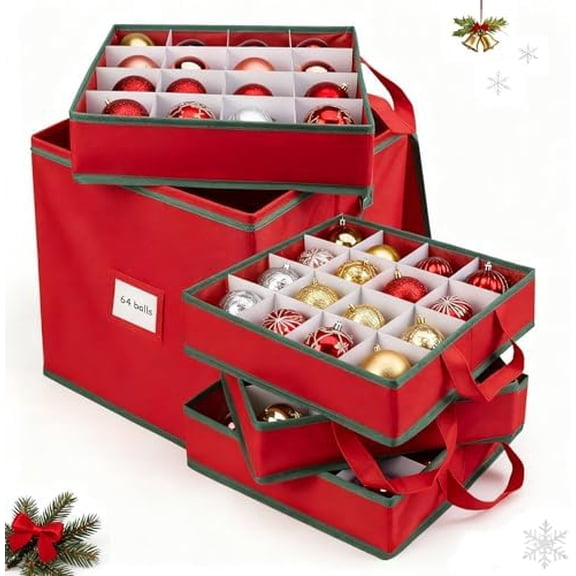 Christmas Ornament Storage Box with 4 Trays, Holiday Decor Storage Organizer for 64 Balls, Zippered Oxford Fabric Bin with Adjustable Dividers & Removable Compartments$$Home Decor, Kitchen, & Other