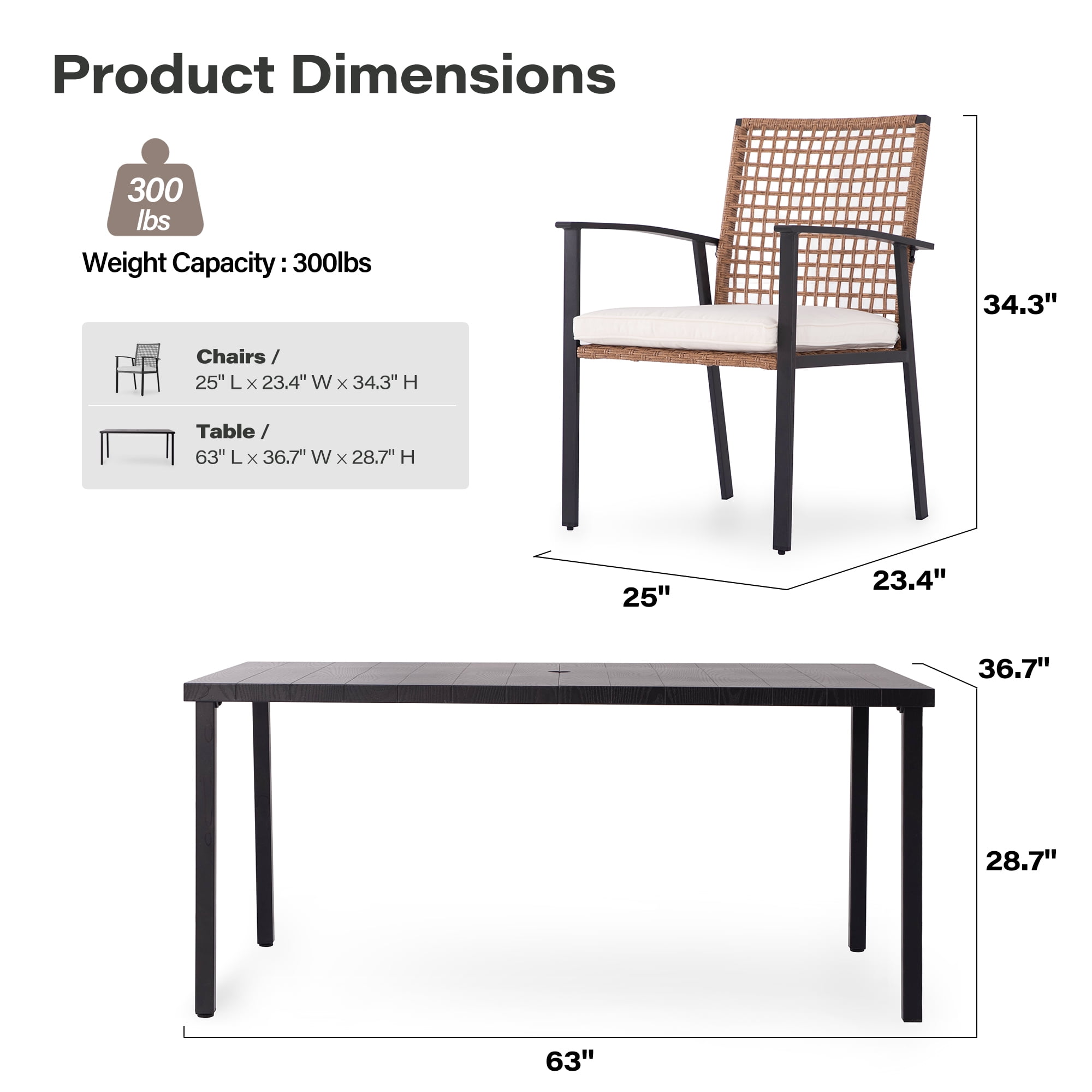 KAMEROUT Patio Dining Set, 7-Piece Outdoor Wicker Furniture with Rectangular Table and 6 Chairs, Brown