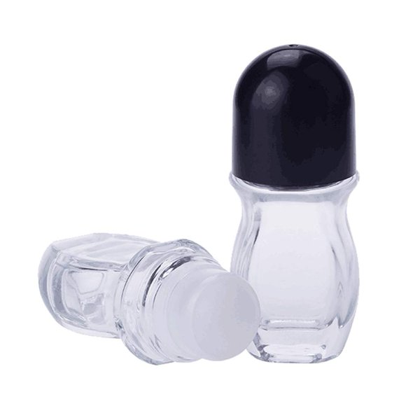 2 botellas de desodorante roll-on de vidrio transparente recargables de 50 ml/1,69 oz, botellas vacías de aceites esenciales con bola de rodillo de plástico y tapa negra para desodorante, aceite de la